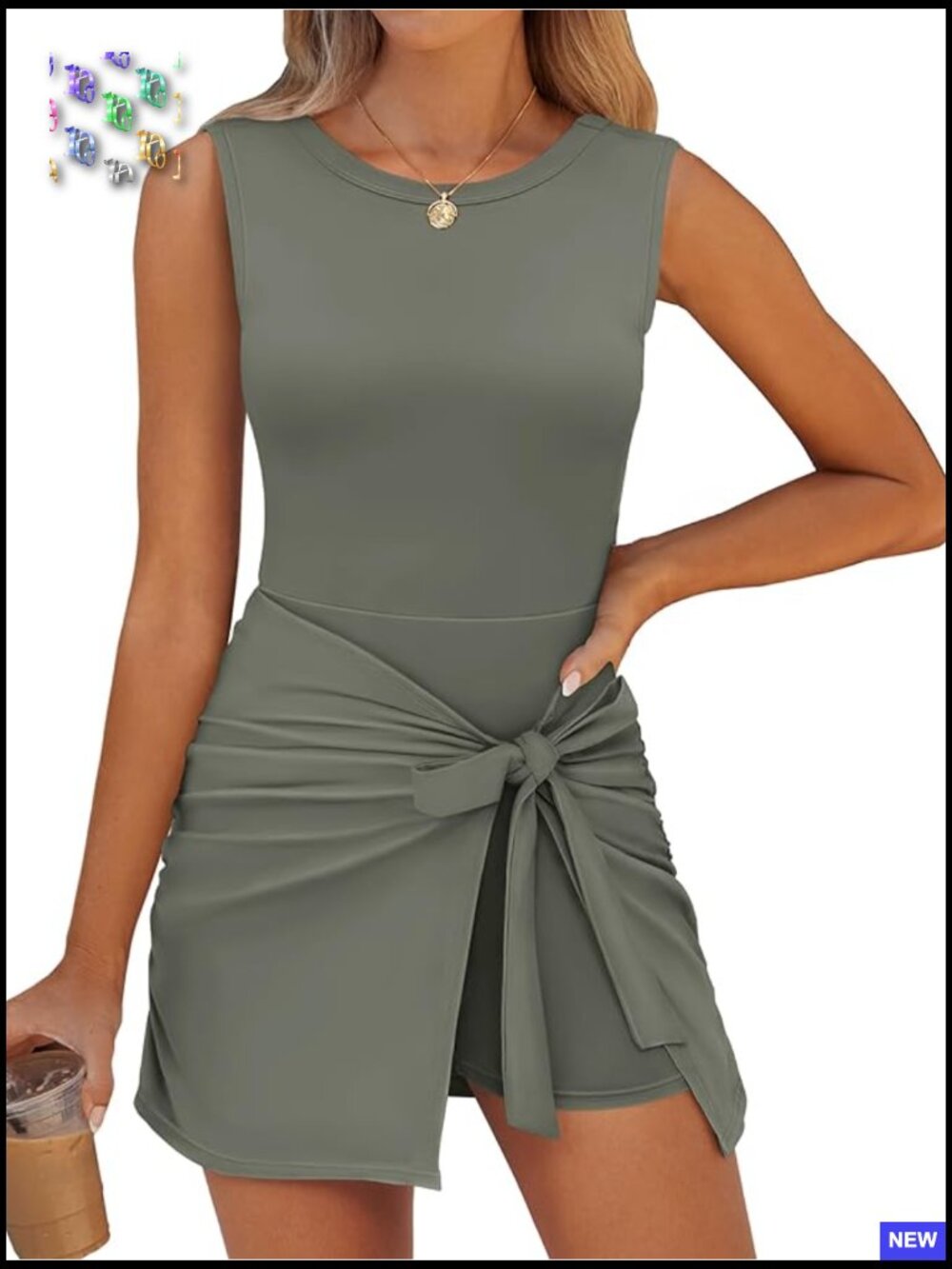 Sleeveless Bodycon Tie Waist Romper Skort Mini Tennis Dress Built-In Shorts